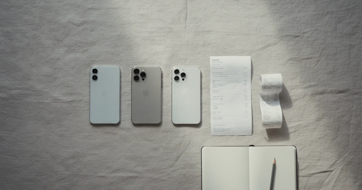 Three phones laid out next to an invoice, a receipt and a notebook