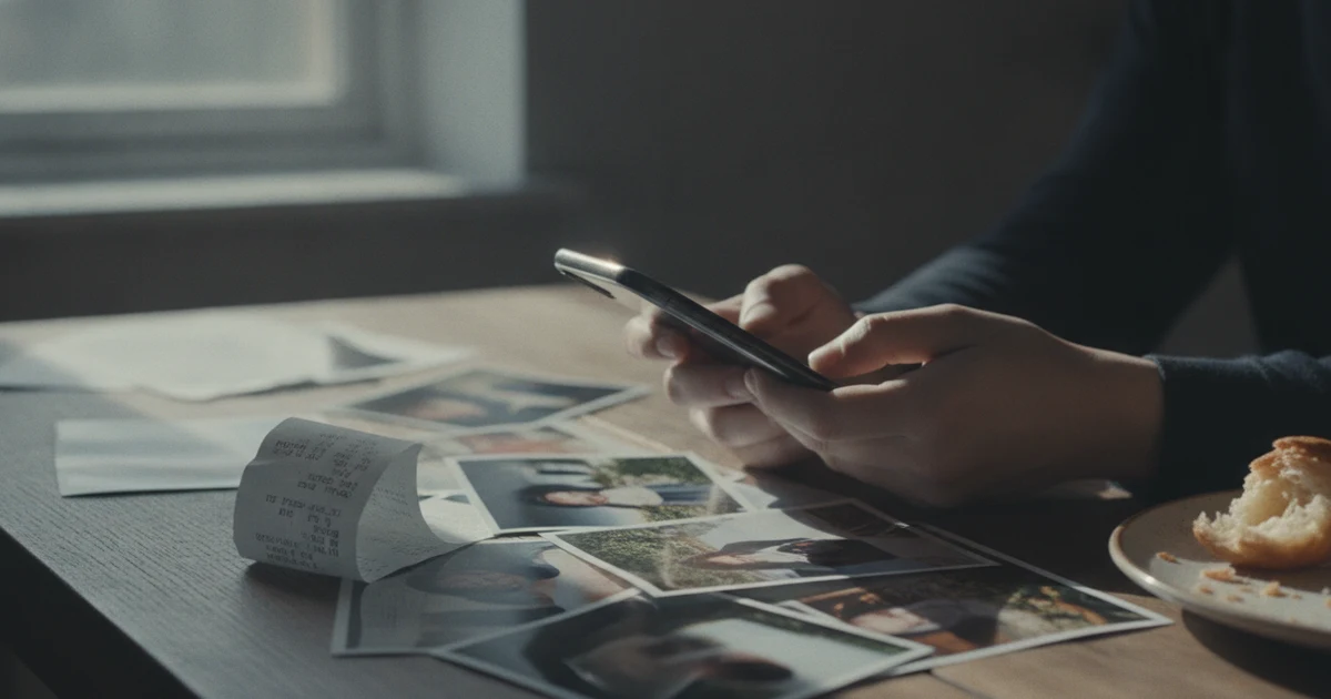 Hands holding a phone above printed photos and a receipt on a kitchen table