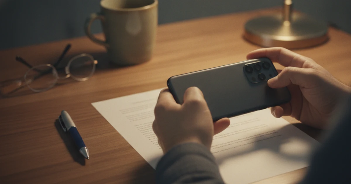 Hands holding a phone over a printed letter on a wooden desk, ready to scan it
