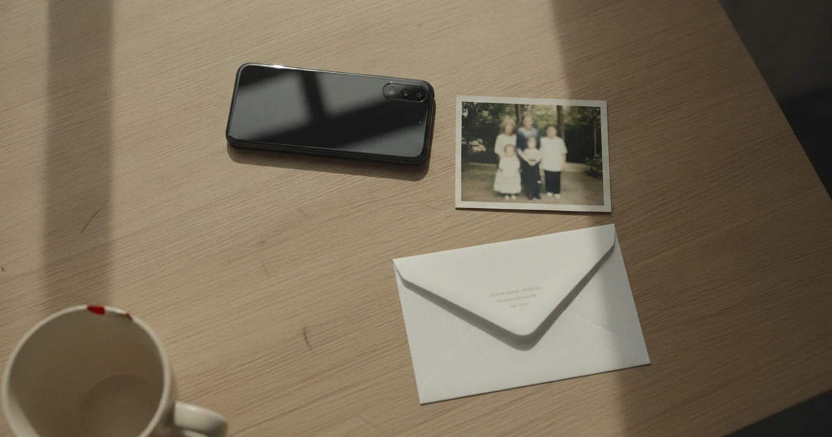 A phone on an oak desk next to a printed family photo and a white envelope