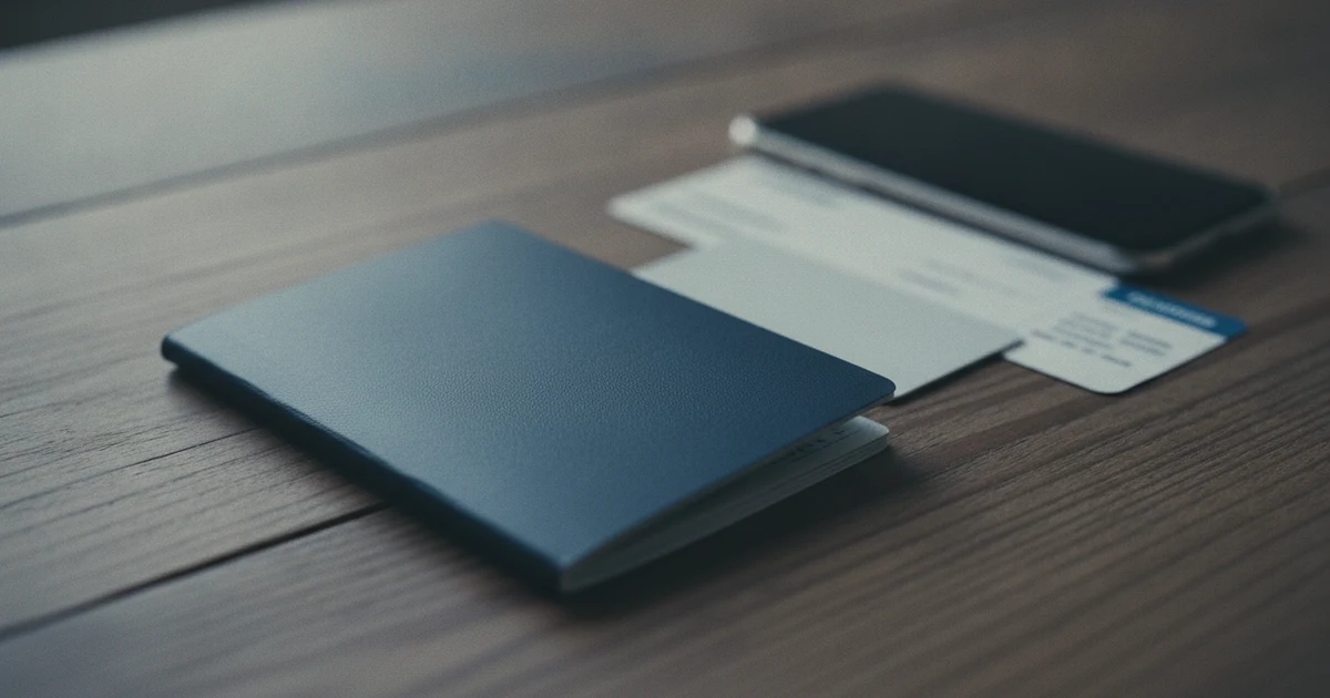 A navy passport, a plastic card and a phone on a wooden table