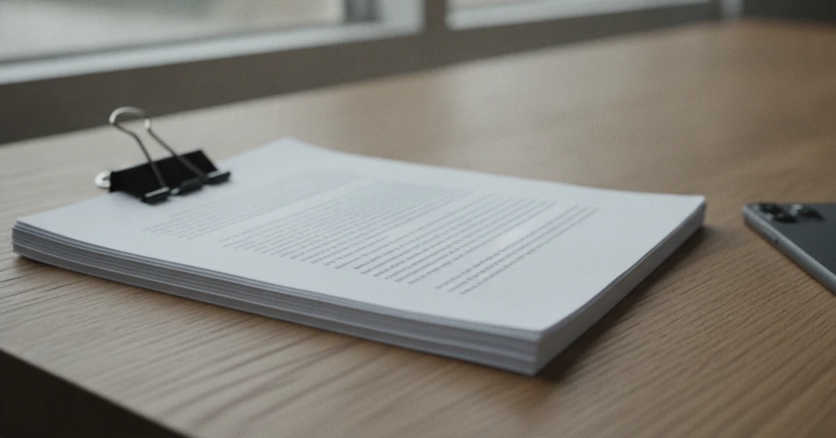 A clipped stack of printed contract pages on a desk next to a phone