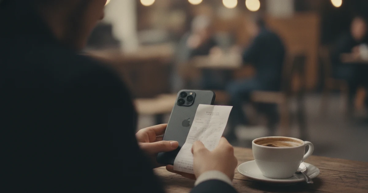 Person at a cafe table photographing a paper receipt with a phone