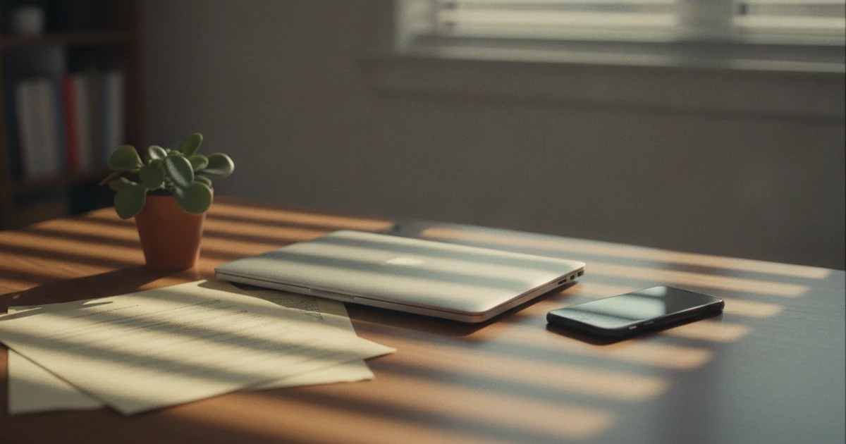 Home office desk with a laptop, a phone and a pile of paper documents